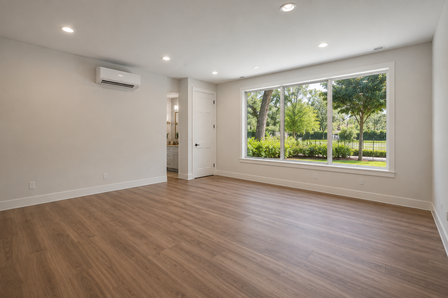 Photorealistic wide-angle interior photo of a newly converted garage turned into a bright livable room in an Orlando Florida home — smooth stucco walls, large window where garage door used to be, warm natural light, luxury vinyl flooring, mini-split AC unit on wall, clean modern finish, professional interior real estate photography style, no people